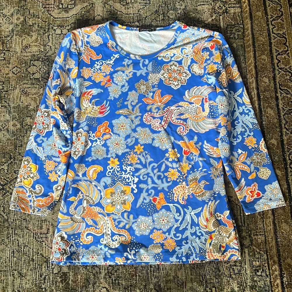 J McLaughlin Blue Paisley Phoenix Bird Floral Top Shirt S Long Sleeve Stretch